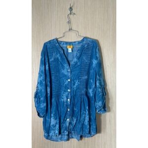 Ruby‎ Rd Button Down Tunic Top Pintuck Details 3/4 Sleeve Blue Size M